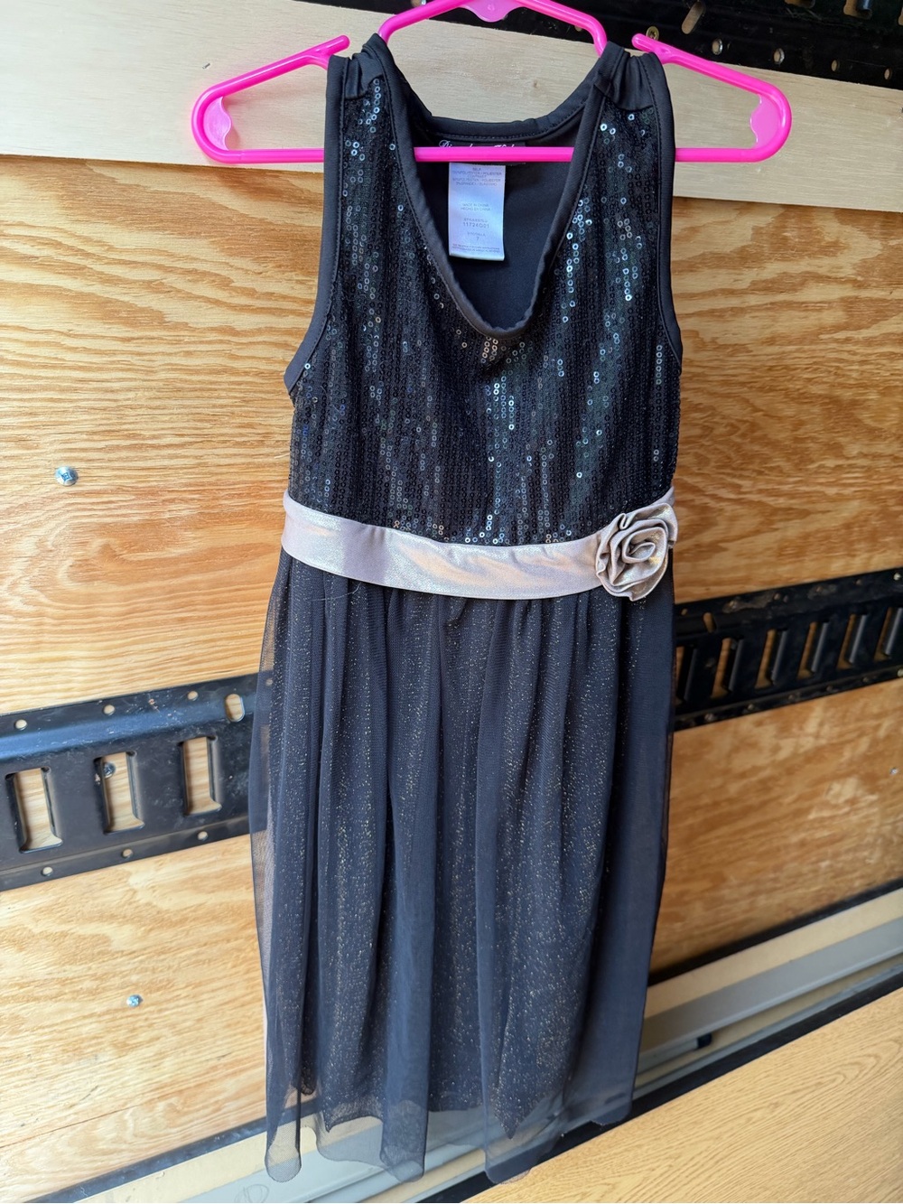 Black Sequin & Tulle Girls Formal Dress with Champagne Waistband